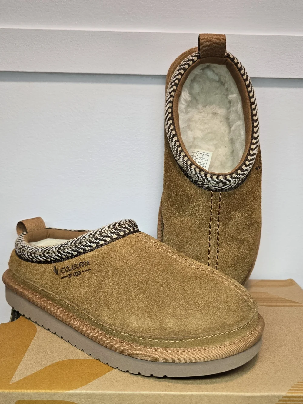 Koolaburra Kids Tan Suede Slip-On Slippers with Shearling Trim UNISEX